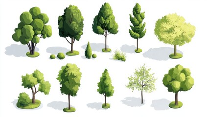 Collection of stylized isometric trees and shrubs.  Various shapes and sizes of lush green trees and bushes, with detailed foliage and ground