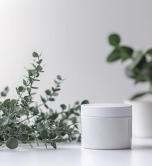 White Cream Jar with Eucalyptus Against Window Light