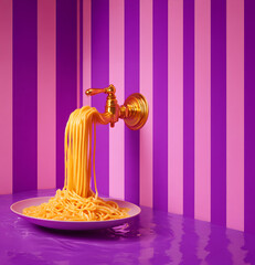 Delicious Italian spaghetti falling from a retro vintage fountain onto a plate, background in shades of purple theater stage. 