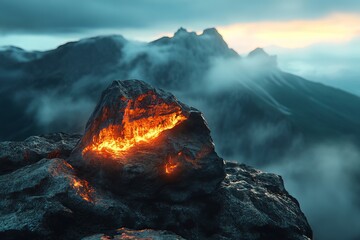 Fiery Volcanic Rock Dramatic Mountain Landscape Sunset Glowing Lava Stone Nature Scene Breathtaking View Epic Scenery Majestic Peaks Dark Clouds      