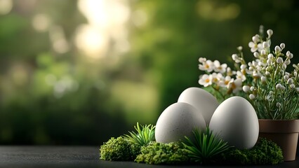 Three decorative eggs placed on moss with a pot of flowers in a soft-focus green background. Concept Decorative Eggs, Spring Flowers, Moss Decor, Soft Focus Photography, Nature-Inspired Aesthetic