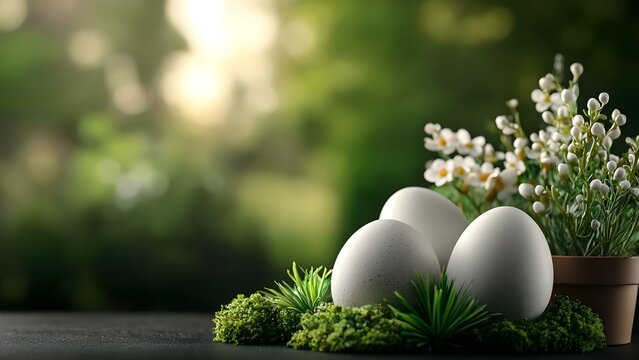 Three decorative eggs placed on moss with a pot of flowers in a soft-focus green background. Concept Decorative Eggs, Spring Flowers, Moss Decor, Soft Focus Photography, Nature-Inspired Aesthetic
