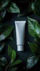White Cosmetic Container on Green Leaves with Natural Sunlight