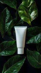 White Cosmetic Container on Green Leaves with Natural Sunlight