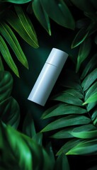 White Cosmetic Container on Green Leaves with Natural Sunlight