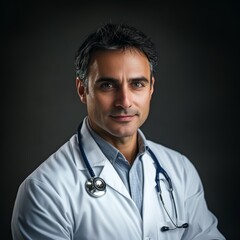  Focused Doctor Portrait Wearing White Coat Against Gray Background