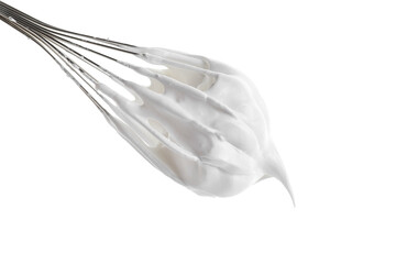 Whisk with delicious cream isolated on white