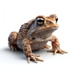 Naklejka premium A detailed close-up photograph of a toad against a white background. The toad's texture and curious expression are highlighted. Isolated on white background. Adorable Baby Common Toad