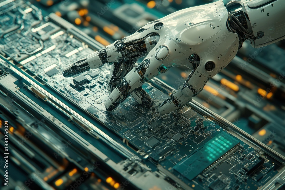 Aufkleber a robotic hand interacts with intricate circuit boards, representing automation in technology.
