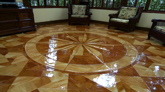 Sunlit room with intricate parquet floor, wooden chairs, and tropical view. Ideal for home design, interior decor