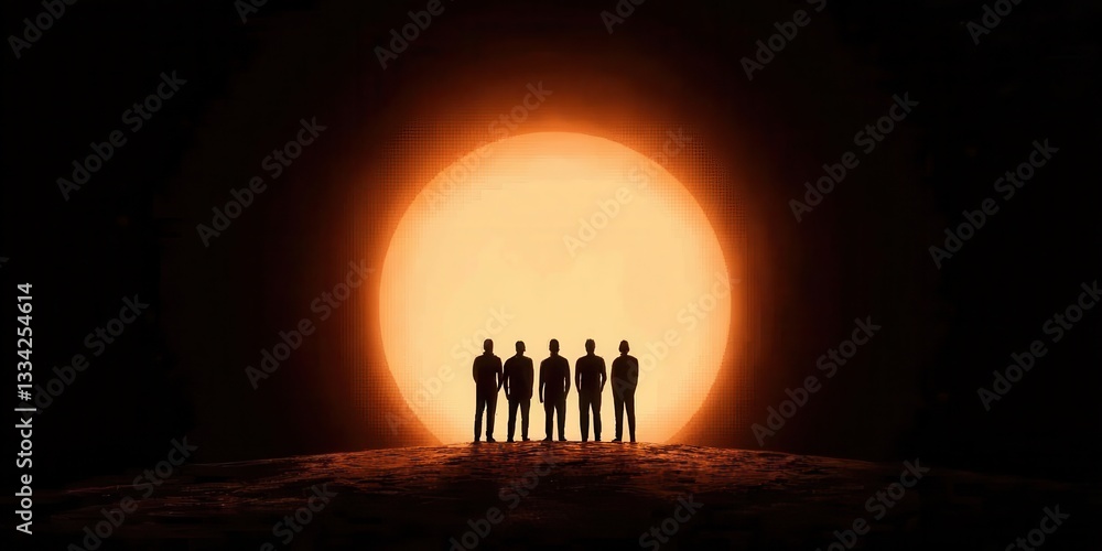 Poster silhouettes of four figures stand against a large, glowing sun, creating a dramatic and striking con