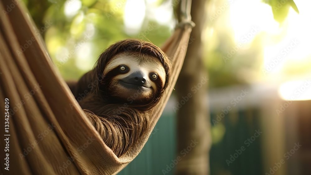 Poster a sloth relaxing in a hammock, surrounded by greenery and soft sunlight. concept sloth in hammock, r