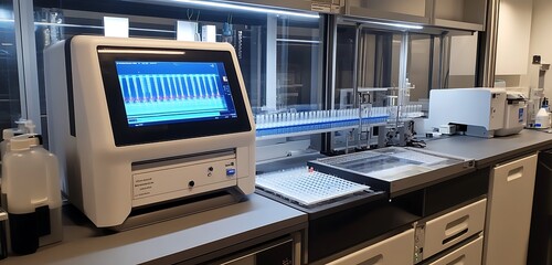 AI powered medical research in futuristic laboratory high resolution wallpaper