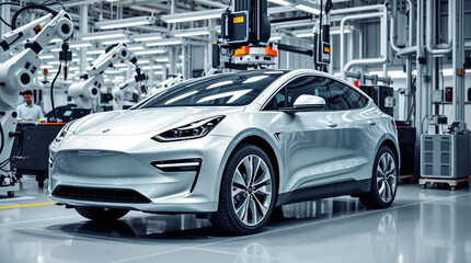 Modern electric car in a high-tech manufacturing facility showcasing advanced technology and robotics in automotive production.