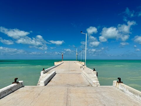 Fototapeta Empty Concrete pier in the Gulf of Mexico, El Cuyo, Yucatan, Mexico