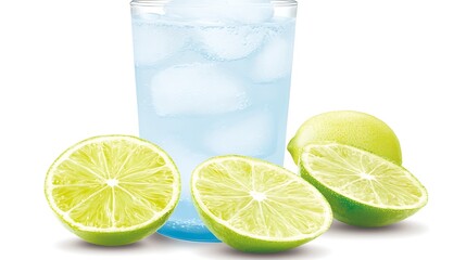 Refreshing Cool Drink with Ice Cubes and Freshly Cut Limes on a Bright Background