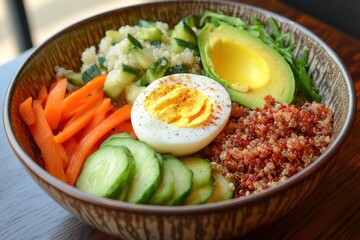 A healthy quinoa bowl with avocado slices, boiled egg, and colorful veggies, creating a nutritious and vibrant meal.