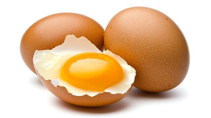 Fresh Brown Eggs with One Cracked Open Revealing Bright Yellow Yolk Isolated on White Background