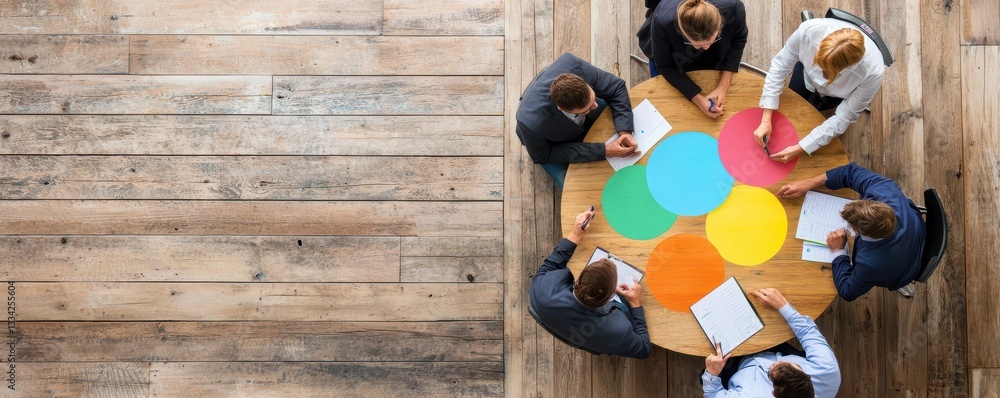 Aufkleber A group of people collaborates around a circular table with colorful sections, discussing ideas in a casual, wooden environment.