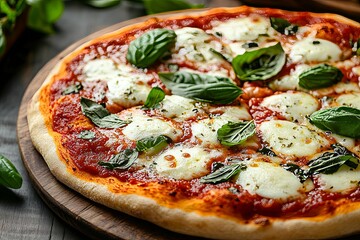 Delicious pizza with fresh tomato sauce and basil topping