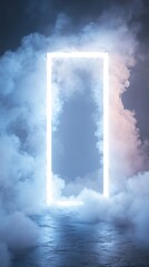  Neon Rectangle Frame with White Glowing Light, Floating in Dense Fog and Puffy White Clouds. Copy space. Generative AI
