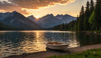 Obraz premium le paysage d'une montagne au coucher du soleil sur un lac avec un bateau et des arbres