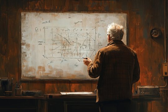 An elderly man meticulously draws complex graphs and equations on a whiteboard in a dimly lit room. - Powered by Adobe