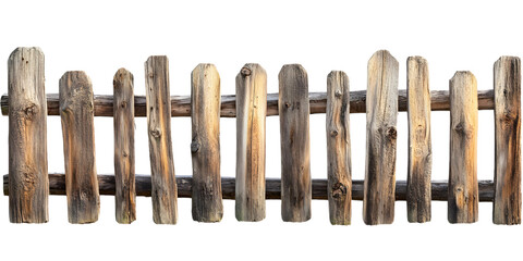 a detailed and rustic wooden fence, likely for a garden or a similar outdoor setting. transparent background, cut out, PNG 3D Digital Art.