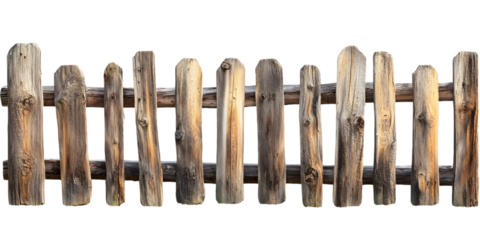 a detailed and rustic wooden fence, likely for a garden or a similar outdoor setting. transparent background, cut out, PNG 3D Digital Art.