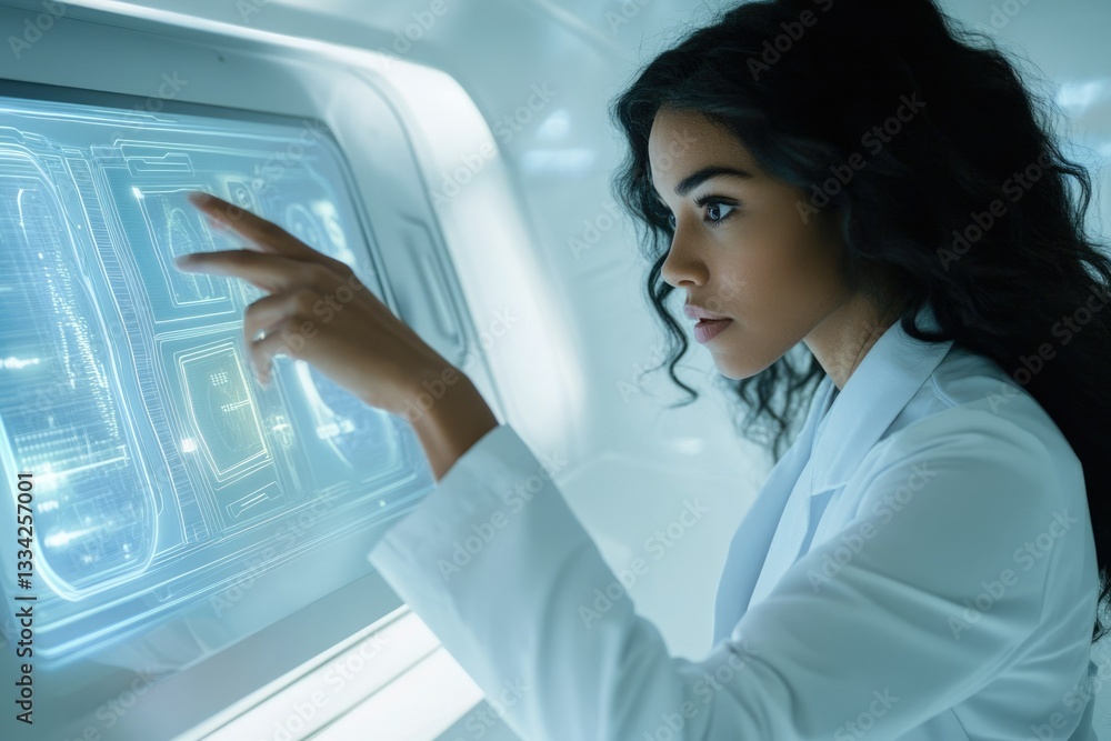 Poster a female scientist interacts with a futuristic touchscreen interface, analyzing data.