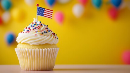 Patriotic Cupcake with American Flag on Yellow Background
