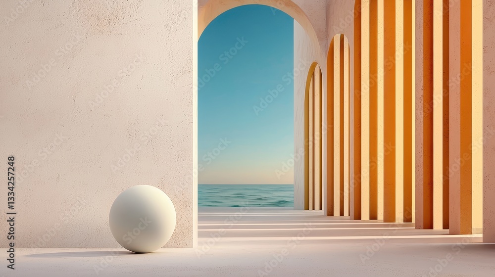 Poster A serene architectural scene features a rounded object beside a vibrant archway, leading to a tranquil ocean view under a clear blue sky.