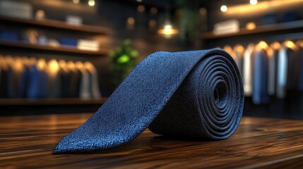 Rolled Blue Herringbone Necktie on Wooden Table in Men's Fashion Store