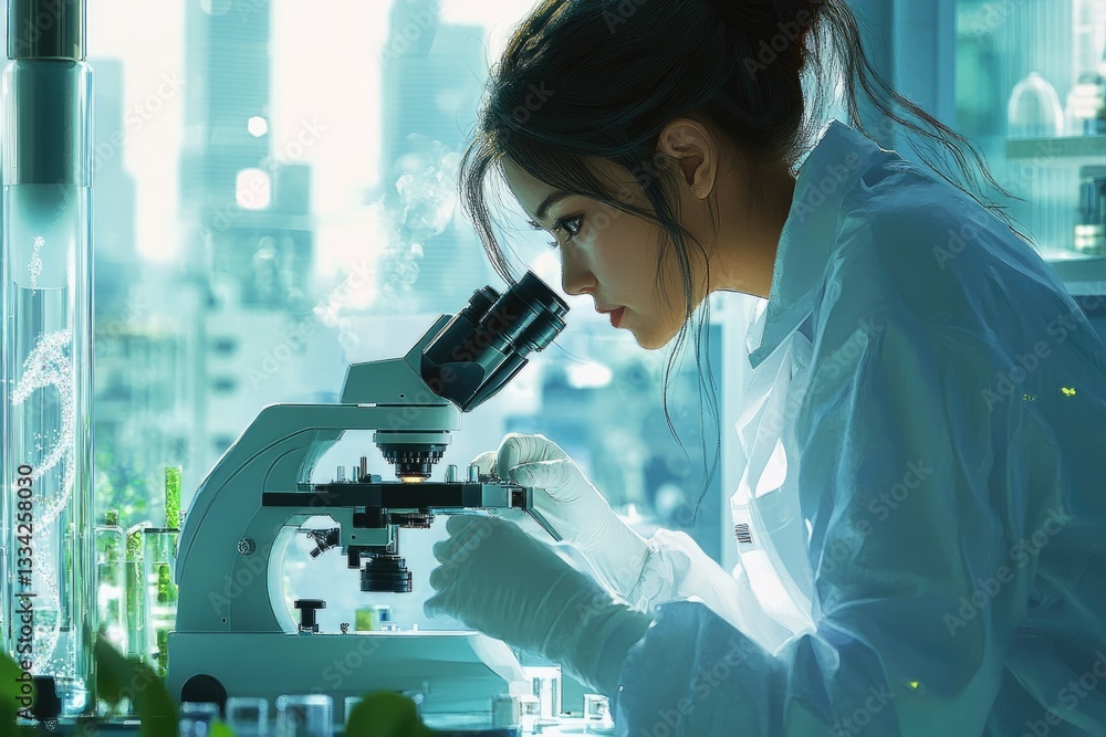 Poster a young scientist meticulously examines a sample under a microscope in a modern lab setting.