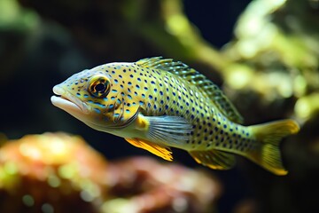 Vibrant Yellow Green Spotted Fish Underwater Ocean Tropical Aquarium Nature Wildlife Beauty Aquatic Animal Marine Life Colorful Detailed Closeup Vivid