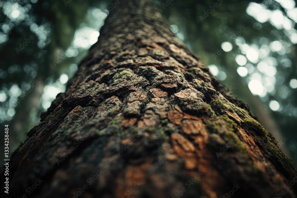 Poster close-up view of tree bark texture in a forest, showing details of the rough surface and moss.