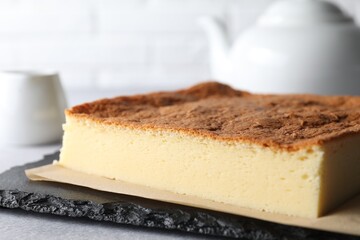 Tasty Japanese Castella sponge cake served on light table, closeup