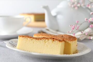 Tasty Japanese Castella sponge cake served on light table, closeup