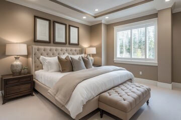 Cozy and modern bedroom interior featuring soft lighting, neutral tones, and elegant decor in tranquil atmosphere