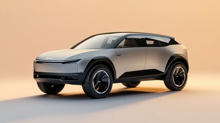 A futuristic electric SUV positioned on a flat, neutral background with space for messaging.