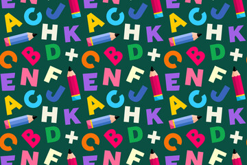 back to school colourful letters seamless pattern on the isolated green background, autumn eve, back to school, cover, textile, fabric, packaging, clothing, wallpaper, vector