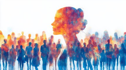 Colorful Abstract Woman Profile Among Crowd