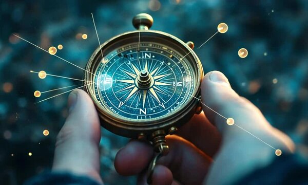 A close-up image showcases a hand holding a vintage compass with an illuminated direction dial.