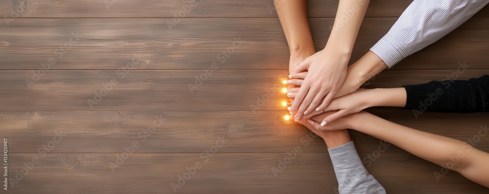 Poster A group of diverse hands stacked together on a wooden surface, symbolizing unity and collaboration, illuminated by soft lights beneath.