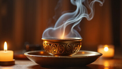 Mystical ambiance with rising incense from ornate burner, spiritual atmosphere