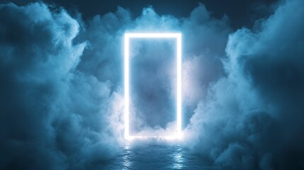  Neon Rectangle Frame with White Glowing Light, Floating in Dense Fog and Puffy White Clouds. Copy space. Generative AI
