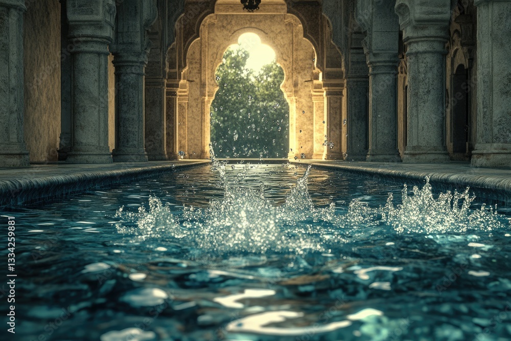Aufkleber a tranquil pool in a grand, ancient-style building with arched doorways and columns, sunlight stream
