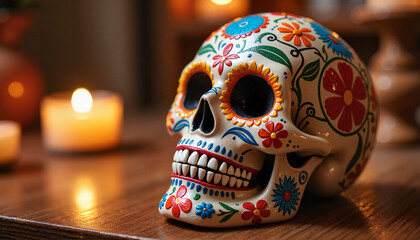 Colorful Mexican Sugar Skull with Candlelight, celebrating heritage