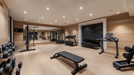 A gym with a simple, modern layout, light wood panels, black accents, and ample workout space.