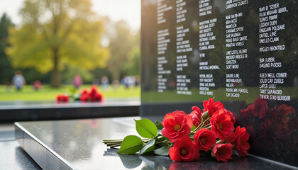 Solemn tribute with red carnations at war memorial, honoring sacrifice